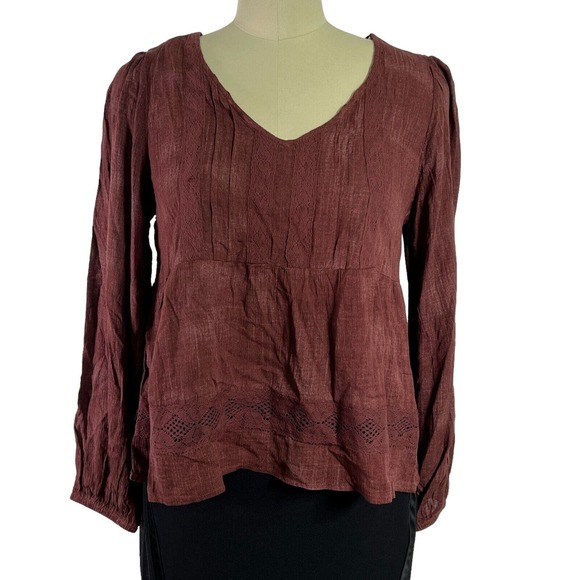 Rewind V-Neck, Lace Juniors Top Blouse Long Sleeve Brown, Small flaws Sz L - Picture 1 of 10